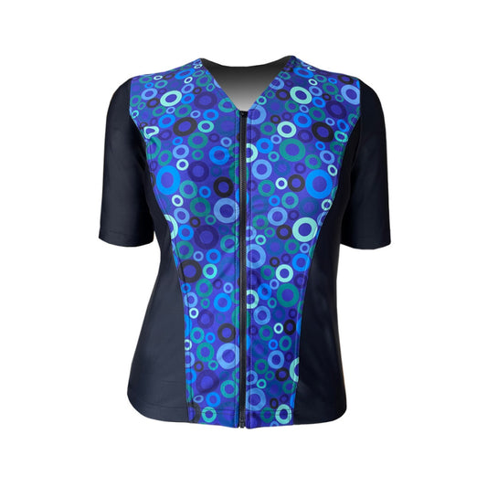 Swimwear Slimline V Neck, Elbow Sleeve - Black with Waterwheels print