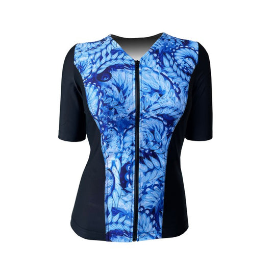 Swimwear Slimline V Neck, Elbow Sleeve - Black with Whirlpool Blue print