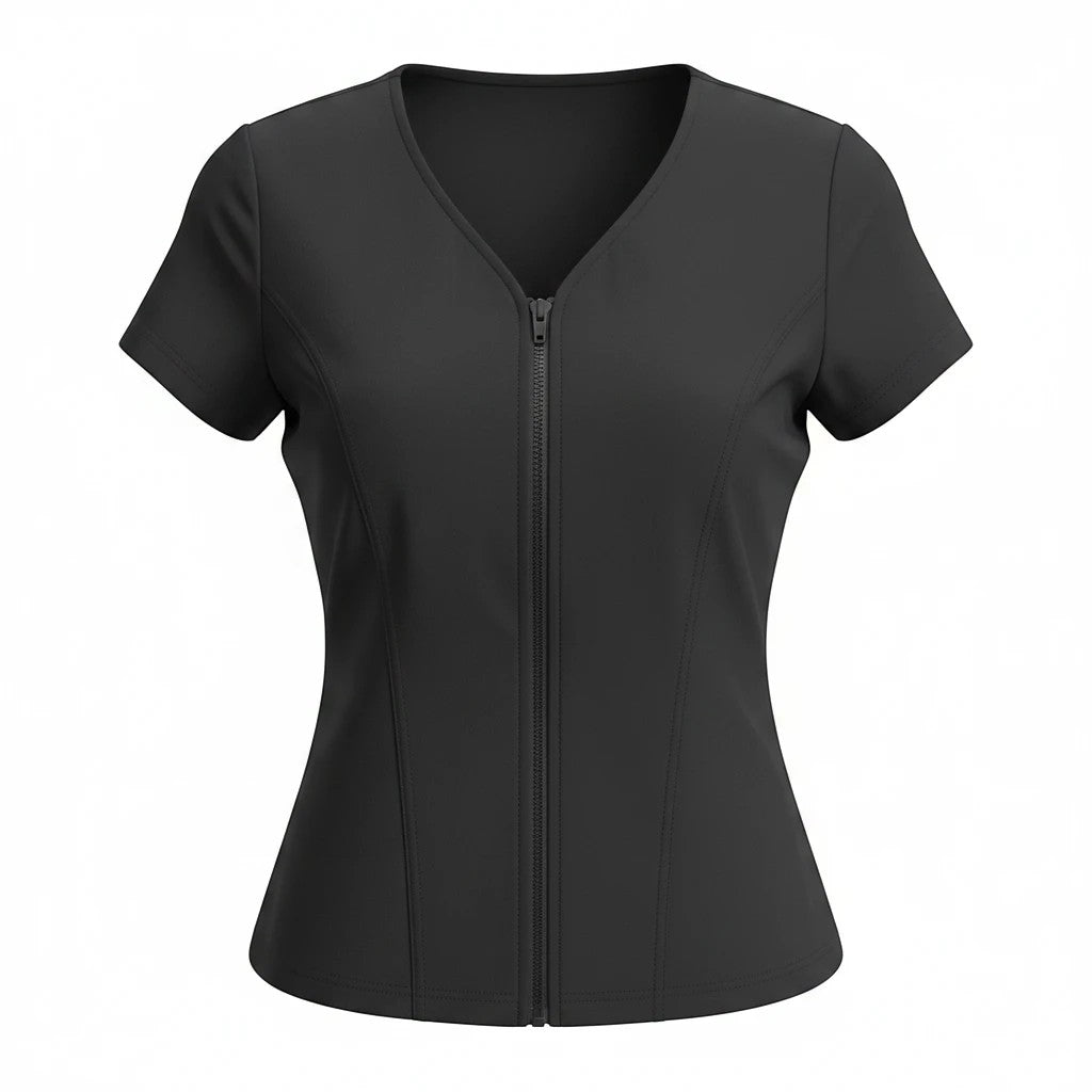 Covertogs Swimwear black cap sleeve swim top with a V-neck and front zip closure made from sustainable Italian Lycra.