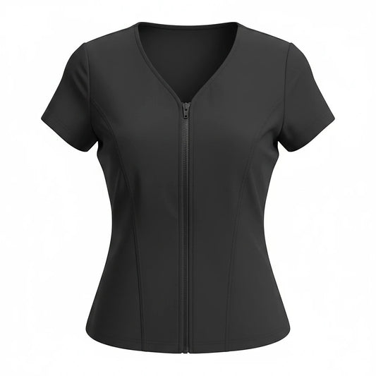 Covertogs Swimwear black cap sleeve swim top with a V-neck and front zip closure made from sustainable Italian Lycra.