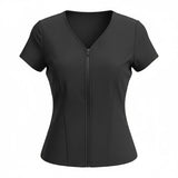 Covertogs Swimwear black cap sleeve swim top with a V-neck and front zip closure made from sustainable Italian Lycra.
