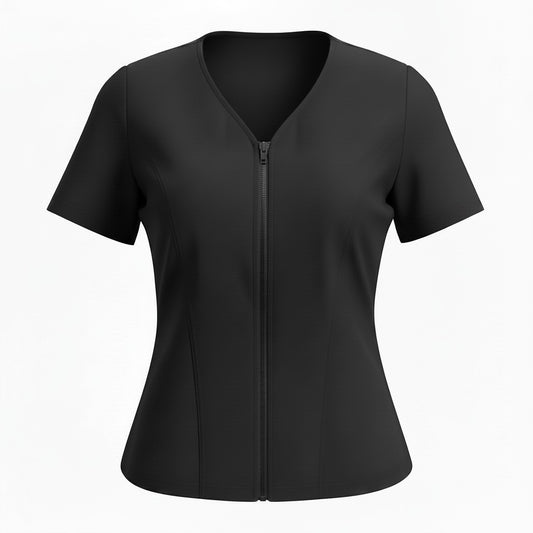 Covertogs Swimwear black tankini top with V-neck, elbow-length sleeves, and a convenient front zip closure.