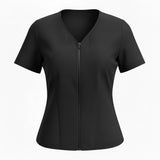 Covertogs Swimwear black tankini top with V-neck, elbow-length sleeves, and a convenient front zip closure.