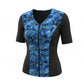 Covertogs Swimwear slimline tankini top with elbow sleeves, front zip, and blue surreal nature print on black panels.