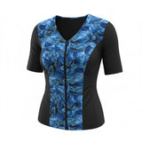 Covertogs Swimwear slimline tankini top with elbow sleeves, front zip, and blue surreal nature print on black panels.