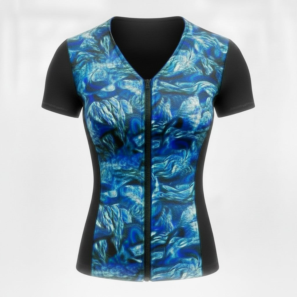 Covertogs Swimwear blue Surreal Nature print cap sleeve top with a front zip and V-neck in sustainable Italian Lycra.