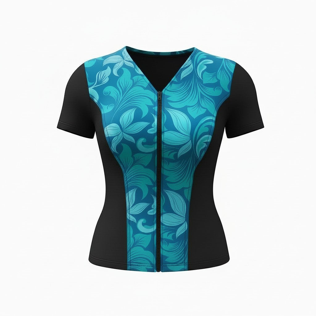 Covertogs Swimwear floral cap sleeve top in blue and green with a front zip and V-neckline in recycled Italian Lycra.