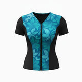 Covertogs Swimwear floral cap sleeve top in blue and green with a front zip and V-neckline in recycled Italian Lycra.