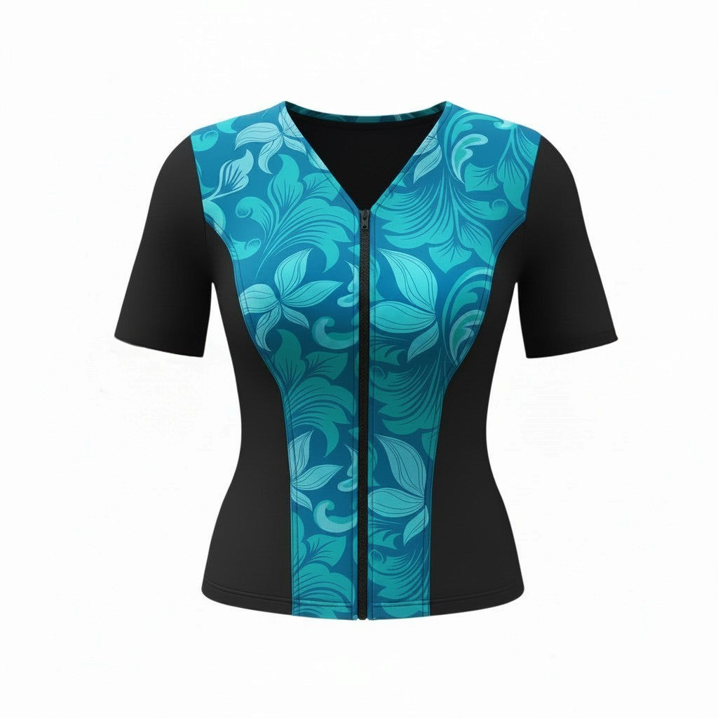 Covertogs Swimwear slimline tankini top with floral blue and green print, elbow sleeves, and front zip closure.