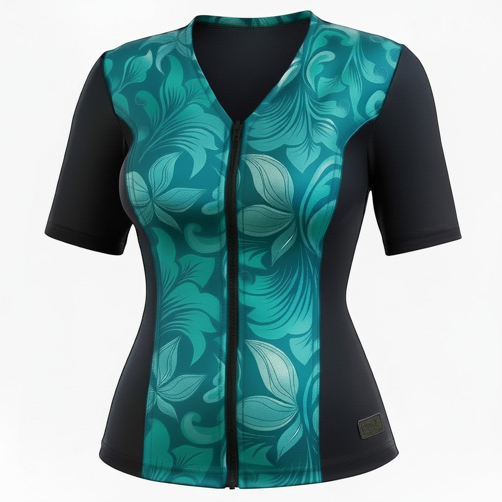 Covertogs Swimwear slimline tankini top with floral blue and green print, front zip, and elbow-length sleeves.