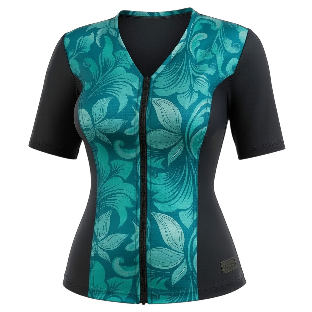 Covertogs Swimwear floral tankini top in blue and green with elbow sleeves, front zip, and slimline panels.
