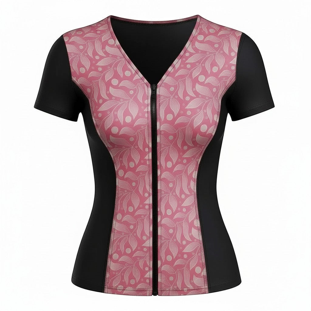 Covertogs Swimwear slimline cap sleeve top in Surfs Up pink with a floral pattern and front zip closure.