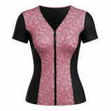 Covertogs Swimwear slimline cap sleeve top in Surfs Up pink with a floral pattern and front zip closure.