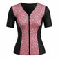 Covertogs Swimwear pink leaf print tankini top with V-neck, elbow sleeves, and front zip in recycled Italian Lycra.