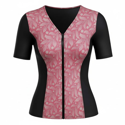 Covertogs Swimwear pink leaf print tankini top with V-neck, elbow sleeves, and front zip in recycled Italian Lycra.
