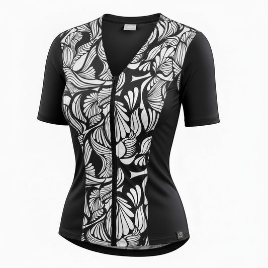 Covertogs Swimwear slimline V-neck tankini top in black and white stencil print with elbow sleeves and front zip.