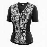 Covertogs Swimwear slimline V-neck tankini top in black and white stencil print with elbow sleeves and front zip.