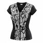 Covertogs Swimwear black and white stencil print cap sleeve top with a front zip and V-neck in recycled Italian Lycra.