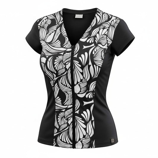 Covertogs Swimwear black and white stencil print cap sleeve top with a front zip and V-neck in recycled Italian Lycra.