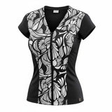 Covertogs Swimwear black and white stencil print cap sleeve top with a front zip and V-neck in recycled Italian Lycra.
