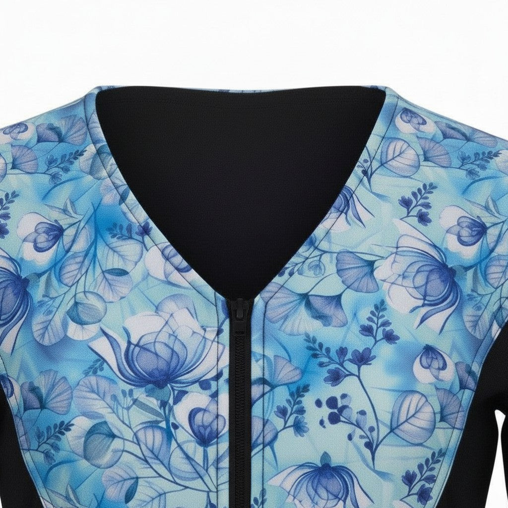 Swimwear Slimline V Neck, Cap Sleeve - Black with Fairy Blue print